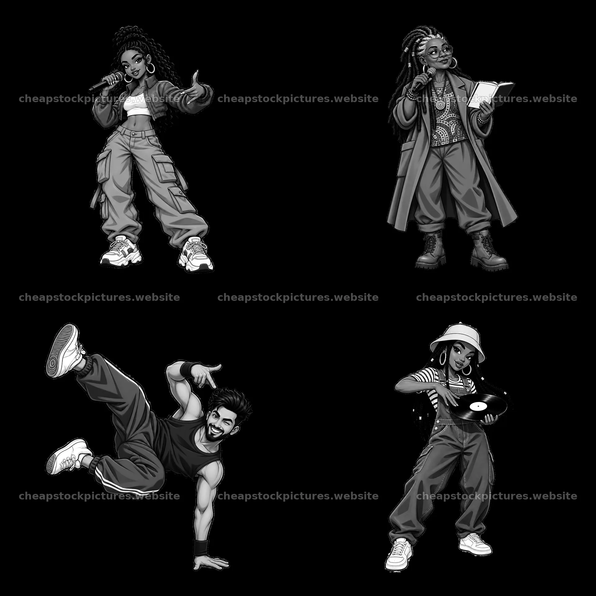 Hip-hop artists performing various actions in a monochrome layout – stock pictures 7746x7746