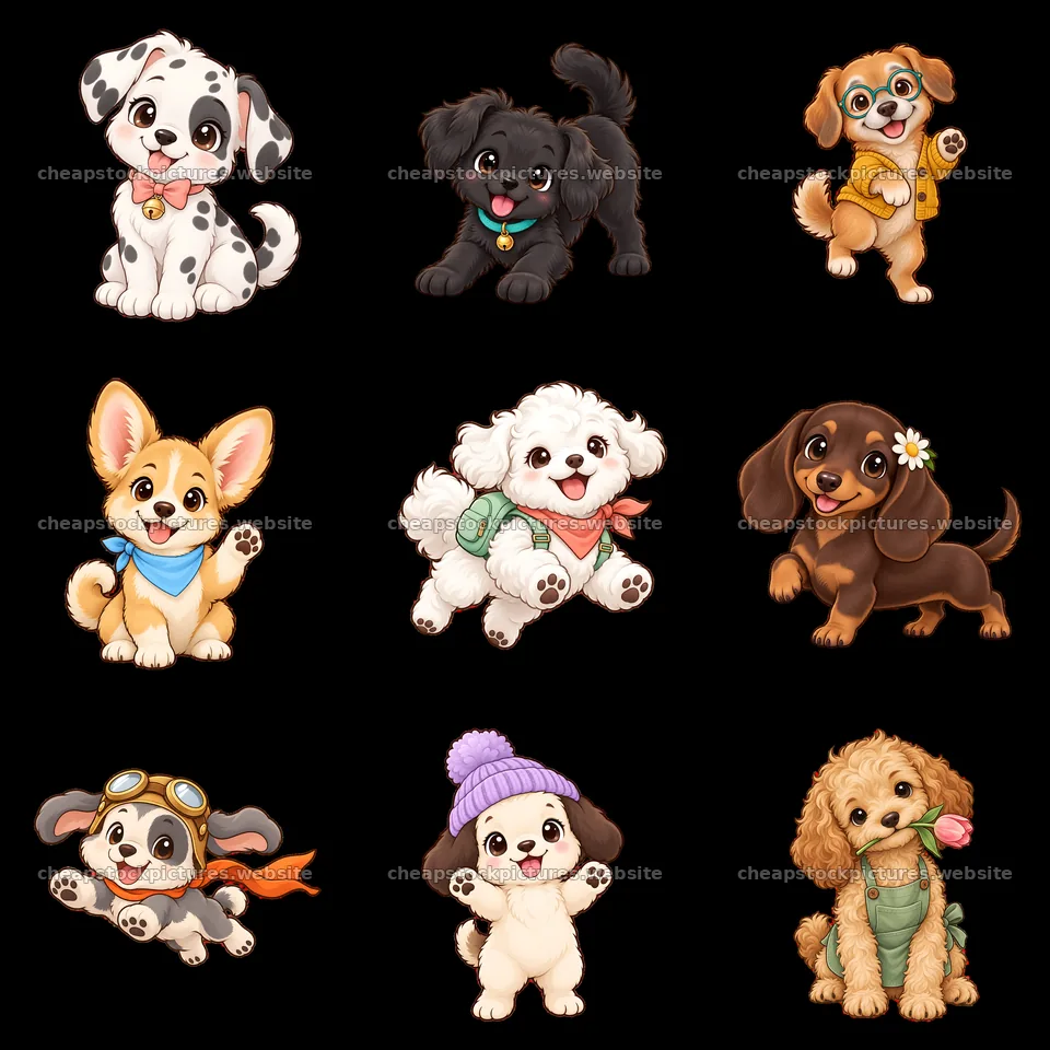 Cute dog stickers arranged in a 3x3 square layout – stock pictures 7746x7746