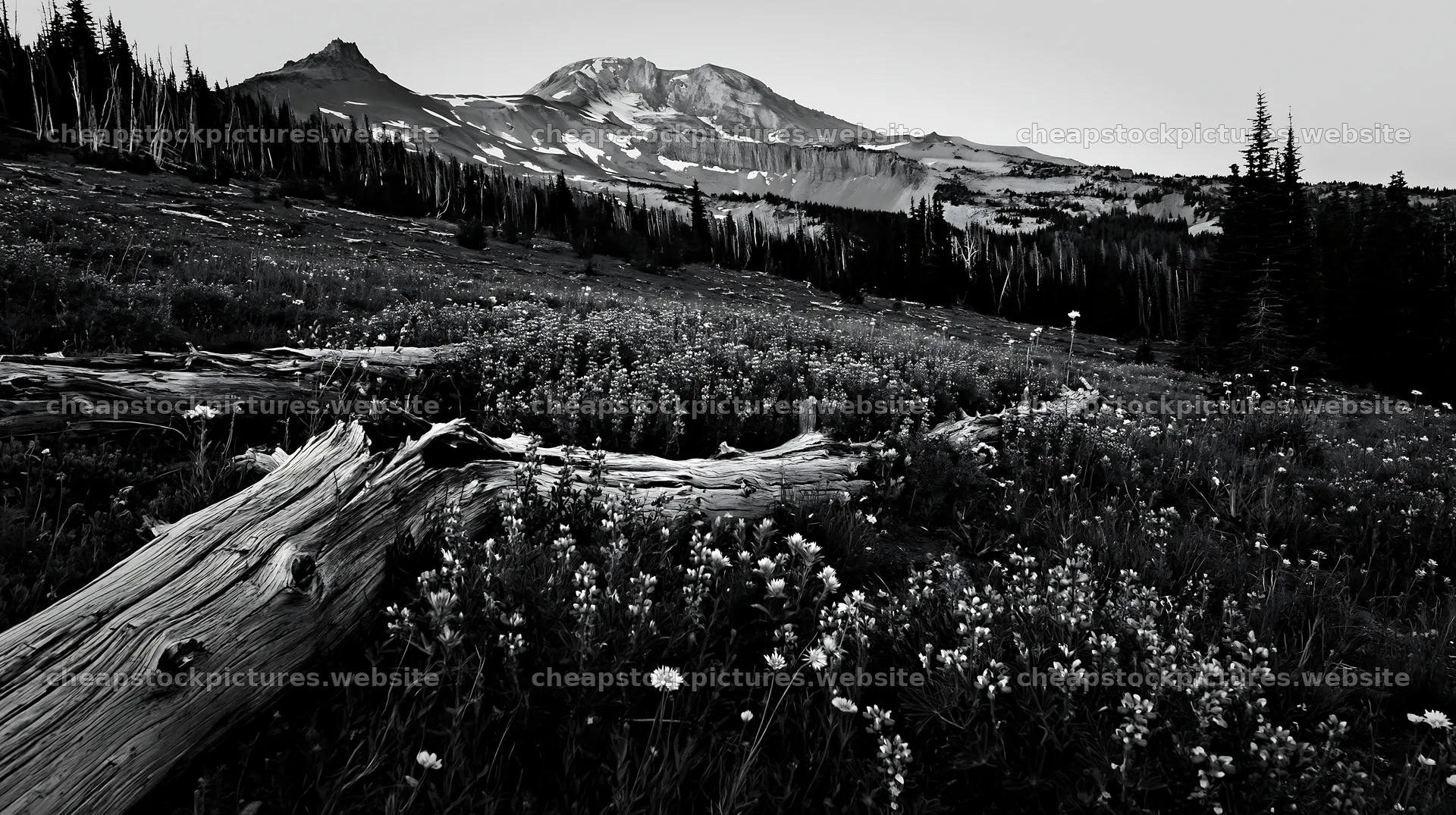 Weathered log meadow with flowers and mountains in the background – stock pictures 10608x5938