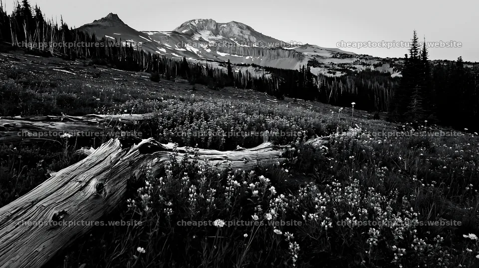Weathered log meadow with flowers and mountains in the background – stock pictures 10608x5938