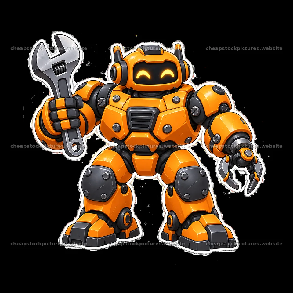 Mech robot holding wrench with a cheerful expression – stock pictures 7746x7746