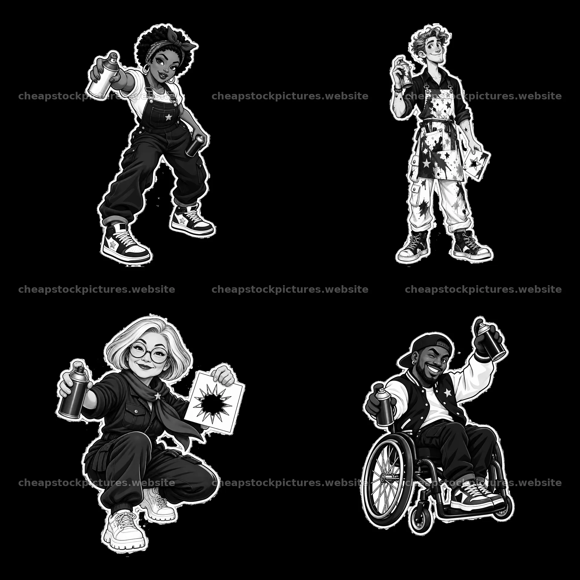 Cartoon graffiti sprayers showcasing diverse styles and actions – stock pictures 7746x7746