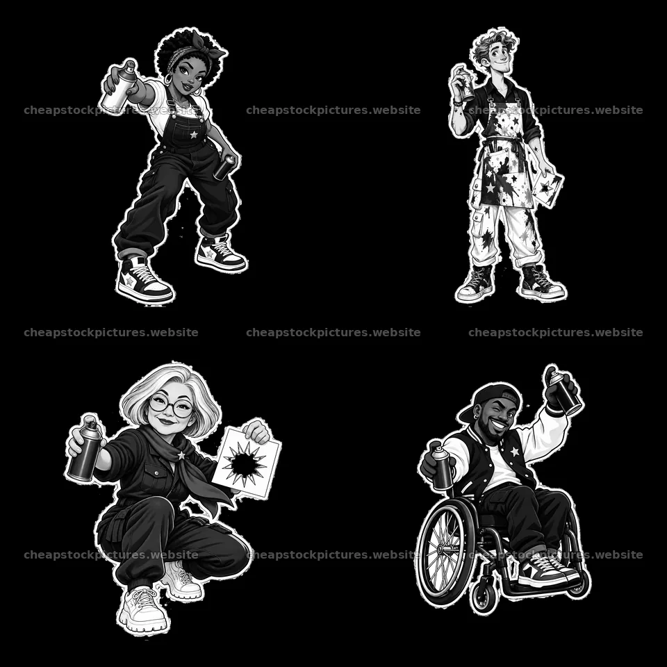 Cartoon graffiti sprayers showcasing diverse styles and actions – stock pictures 7746x7746