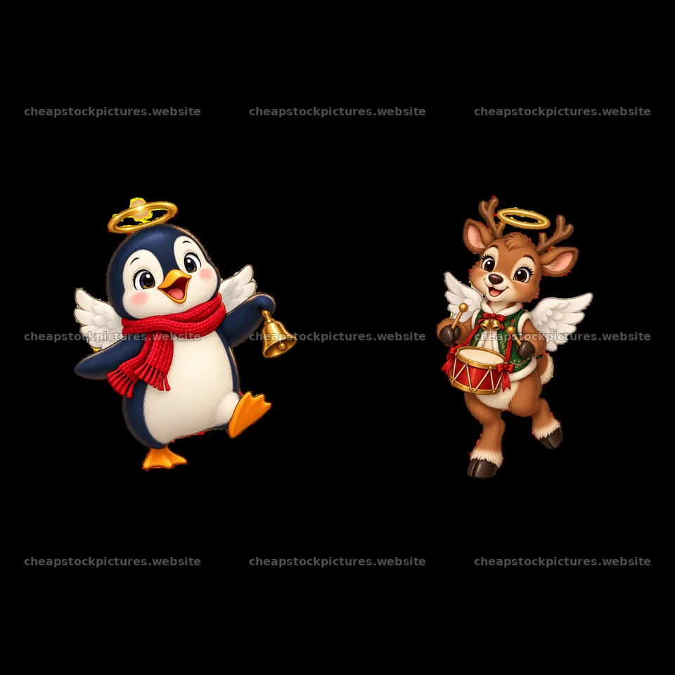 Christmas angel penguin and reindeer with instruments – stock pictures 7746x7746