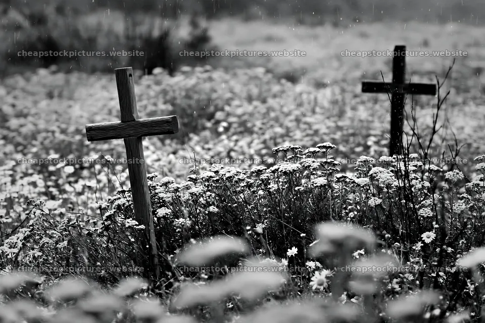 Christian crosses in rain soaked meadow with flowers – stock pictures 9722x6480