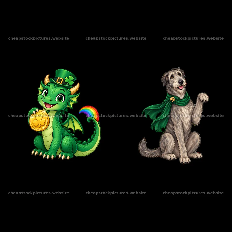 Green dragon with gold coin and dog in St. Patrick's Day scarf – stock pictures 7746x7746