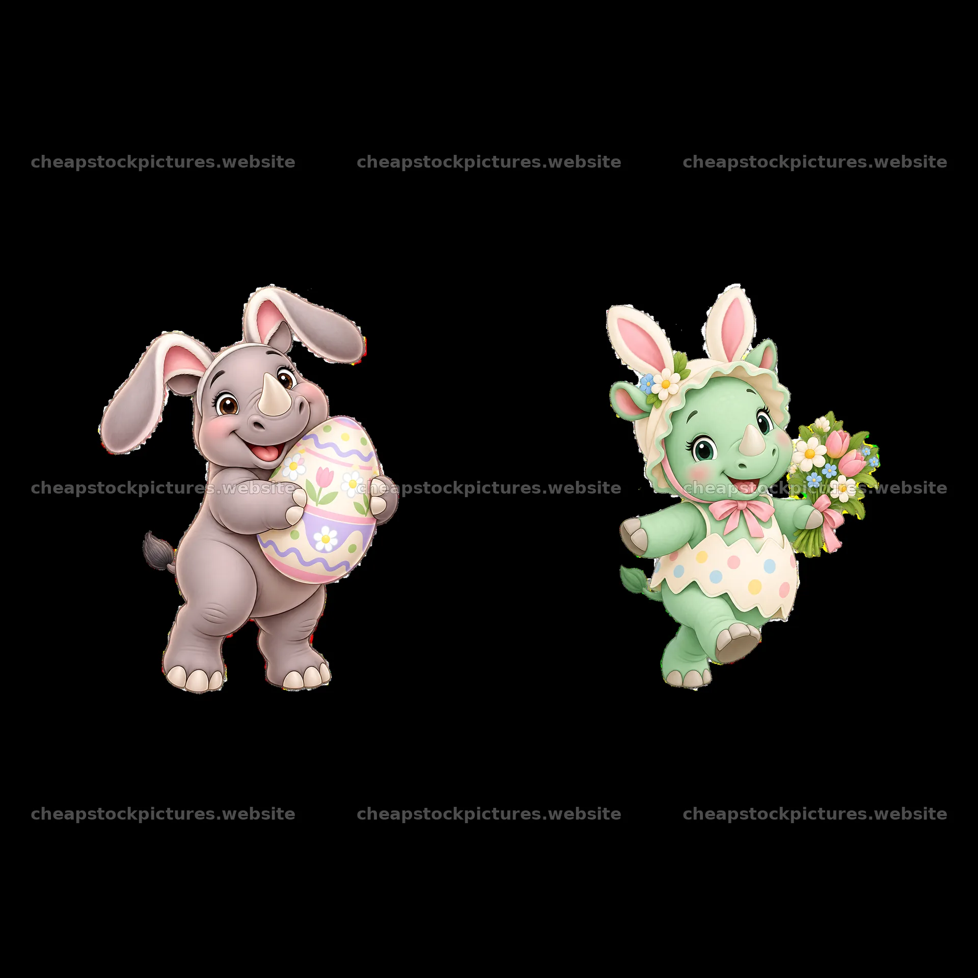 Easter rhinoceros and rabbit with egg and flower bouquet – stock pictures 7746x7746