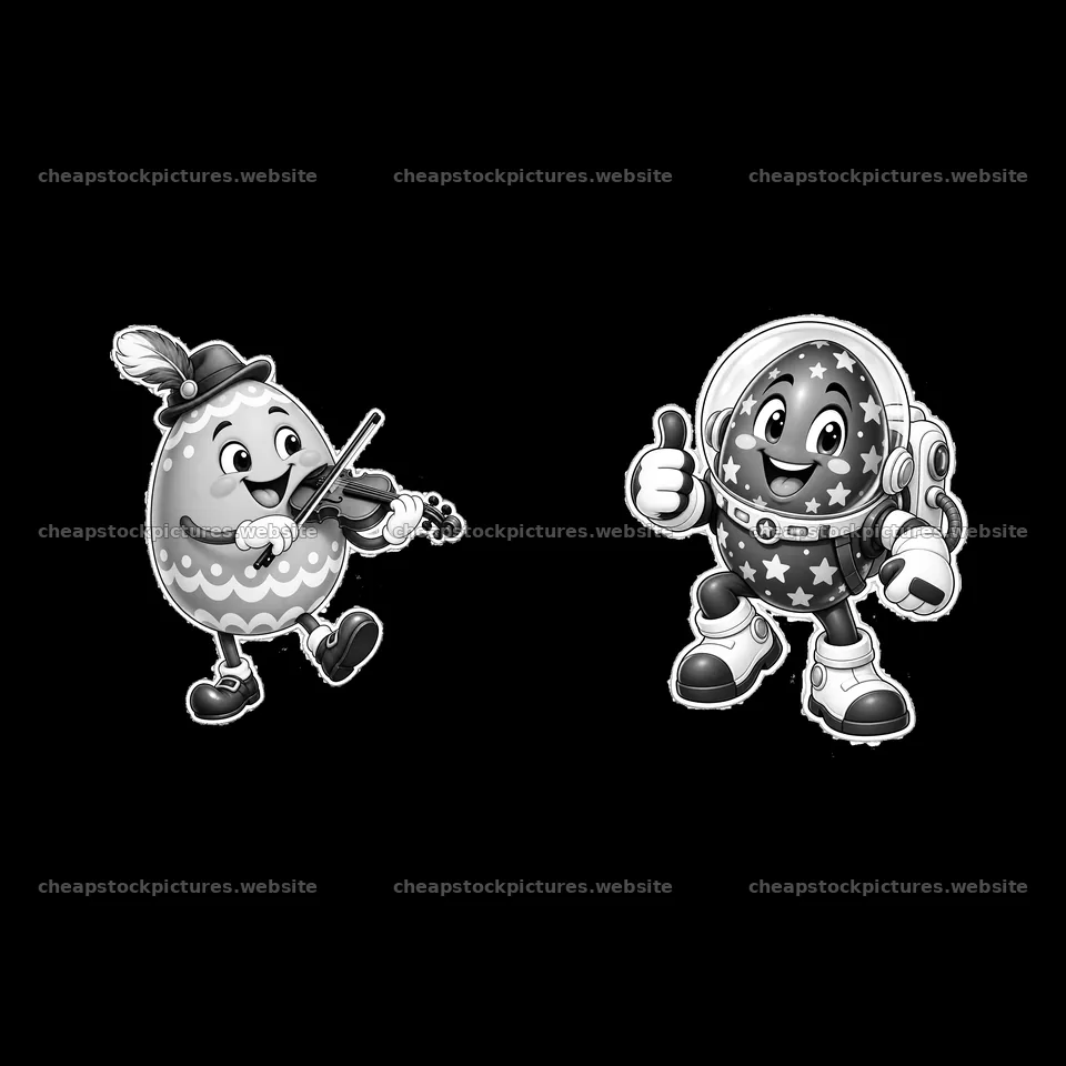 Easter egg characters playing music and giving a thumbs-up – stock pictures 7746x7746