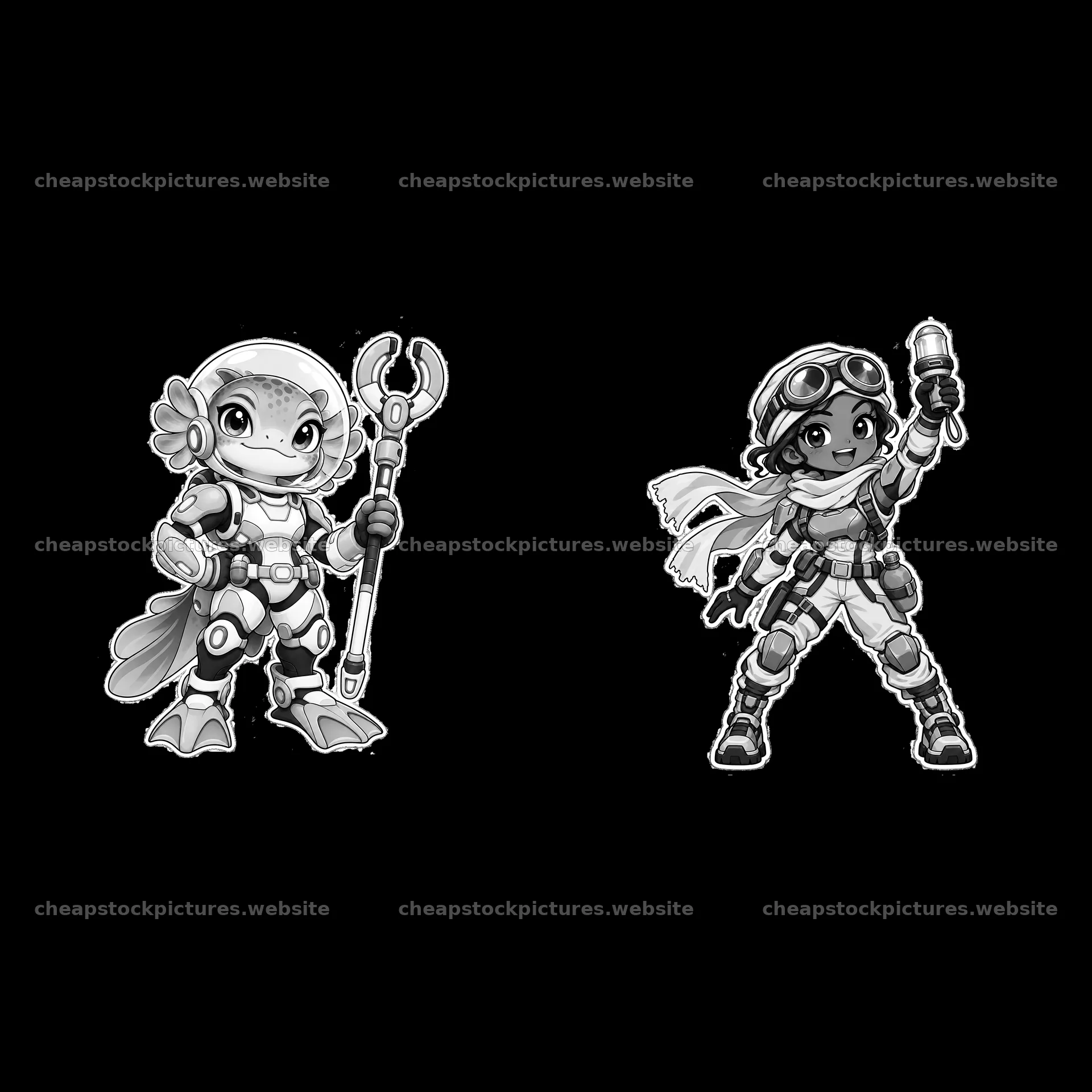 Kawaii futuristic super-soldier pair with unique accessories – stock pictures 7746x7746