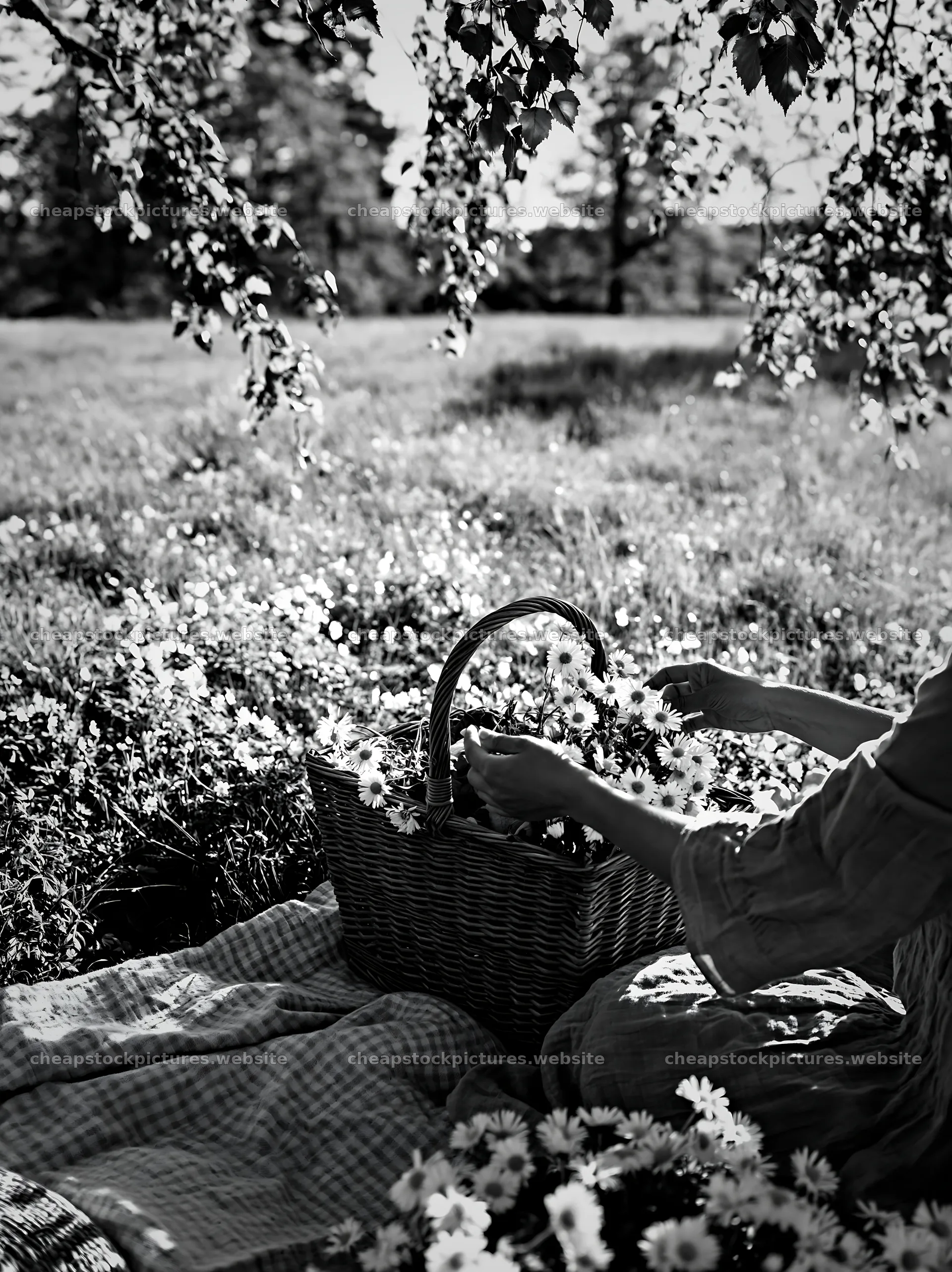 Woman gathering flowers in a meadow with an easter basket – stock pictures 6866x9174