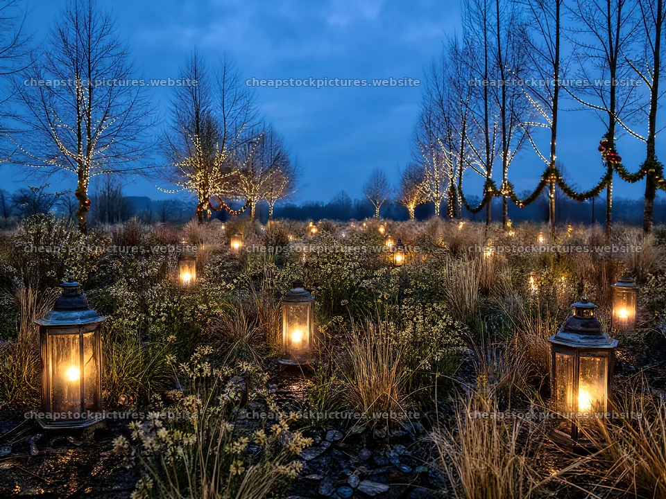 Vibrant Christmas lanterns in winter meadow at dusk – stock pictures 9166x6874