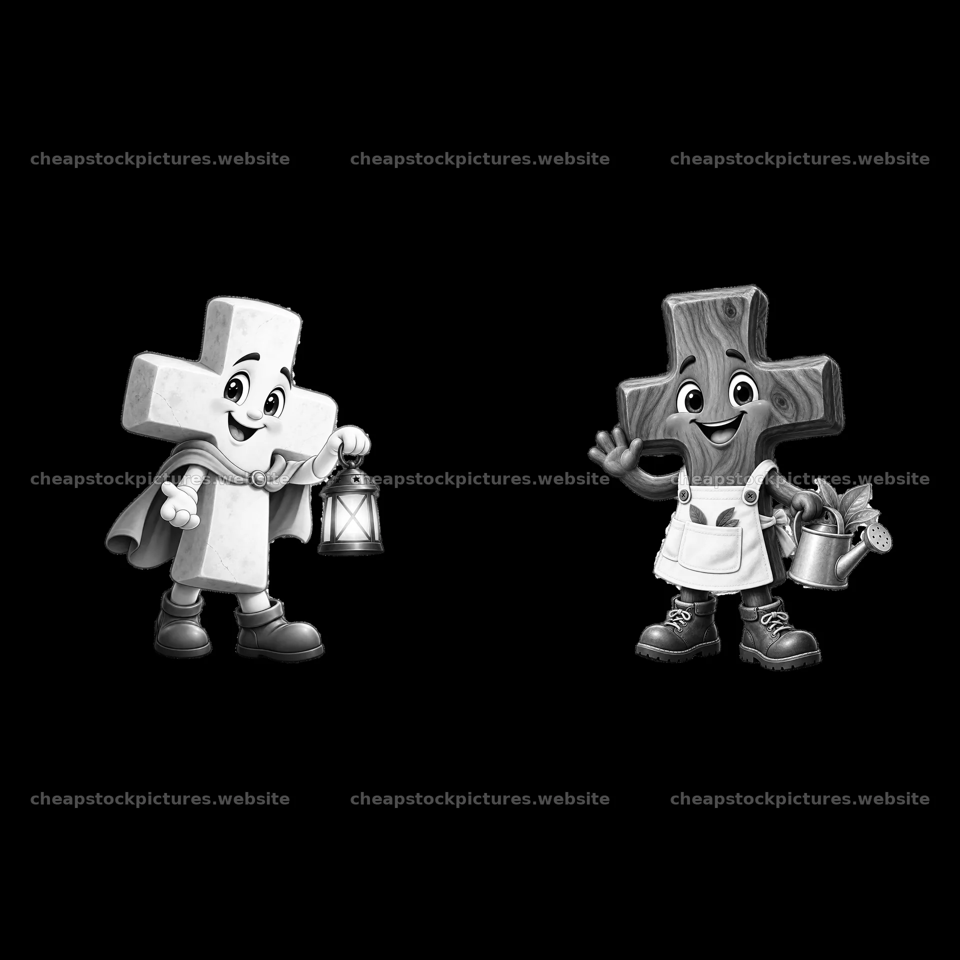 Easter cross cartoon characters with lantern and watering can – stock pictures 7746x7746