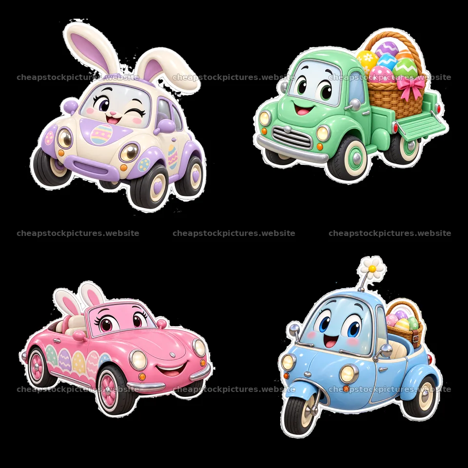 Easter-themed cartoon cars with bunny decorations and eggs – stock pictures 7746x7746