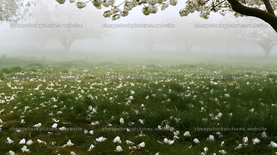 Foggy orchard meadow with fallen blossoms in the grass – stock pictures 10608x5938