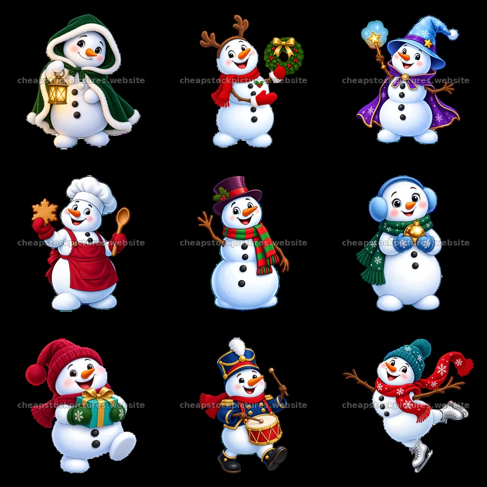Cute cartoon snowmen in festive outfits and accessories – stock pictures 7746x7746