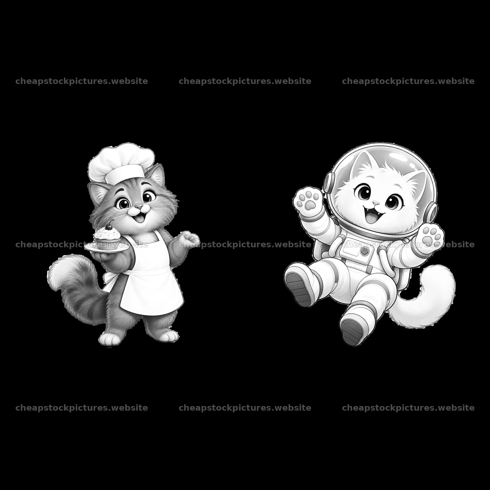 Cats in chef and astronaut outfits with playful poses – stock pictures 7746x7746