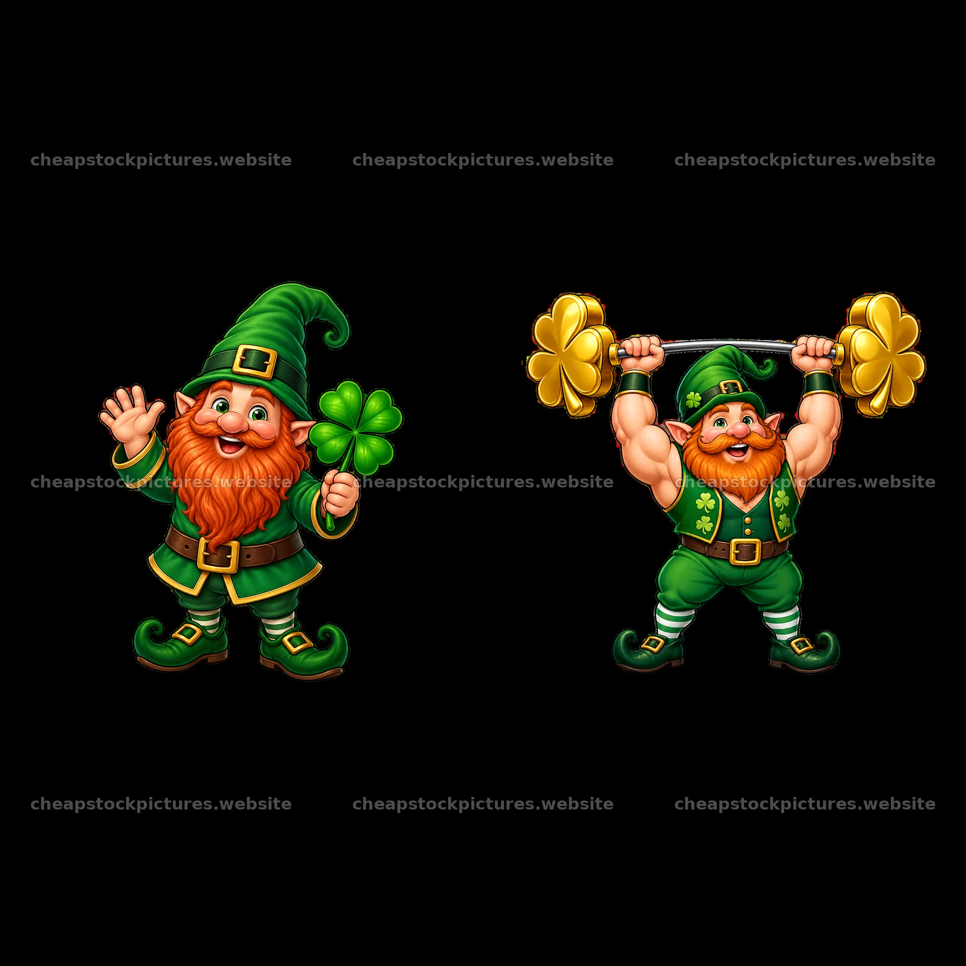 St. Patrick's Day gnomes holding clovers and lifting weights – stock pictures 7746x7746