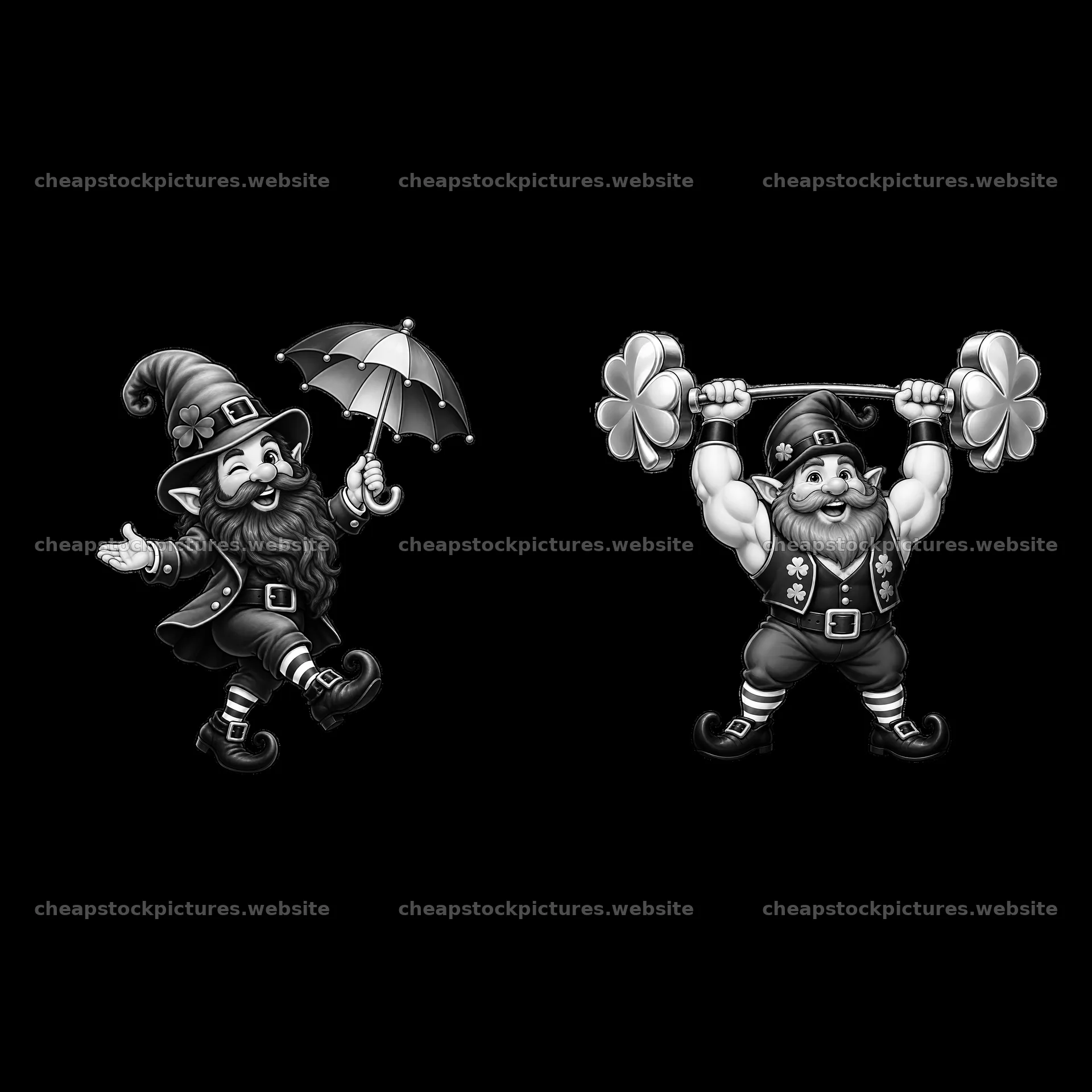 St. Patrick's Day gnome with umbrella and lifting weights – stock pictures 7746x7746