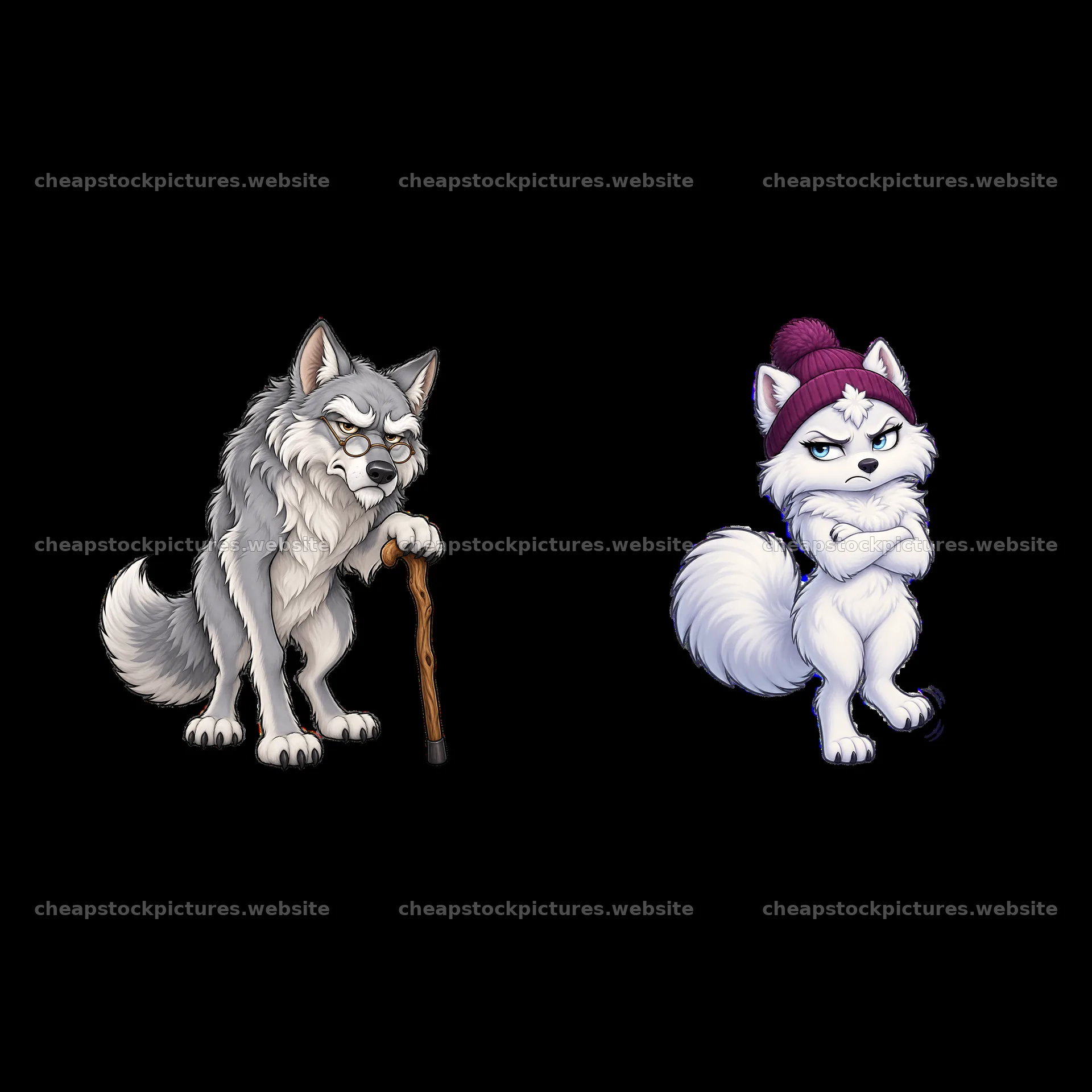 Grumpy wolf with glasses and cane beside sassy wolf in a hat – stock pictures 7746x7746