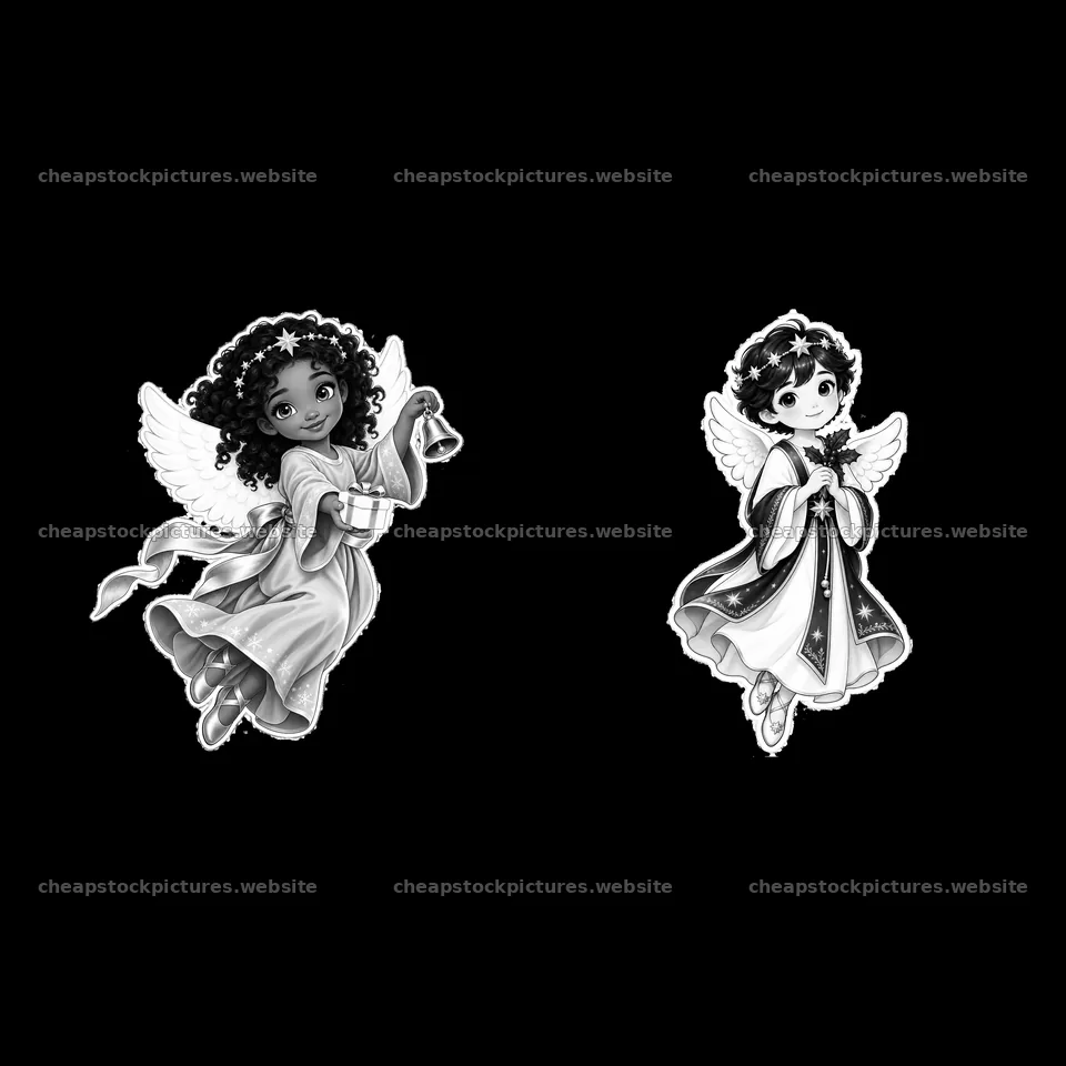 Christ Child figures with bells and gifts in monochrome style – stock pictures 7746x7746
