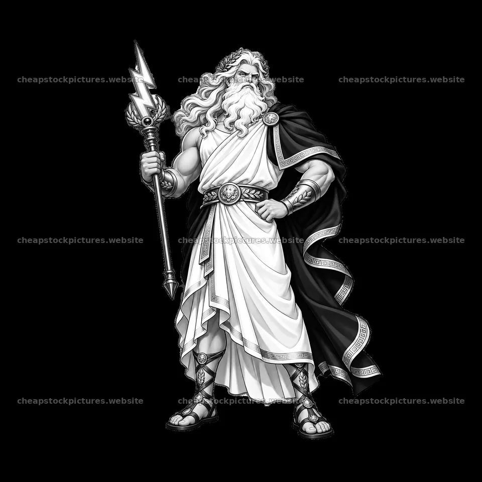 Zeus holding a lightning bolt with a regal pose – stock pictures 7746x7746