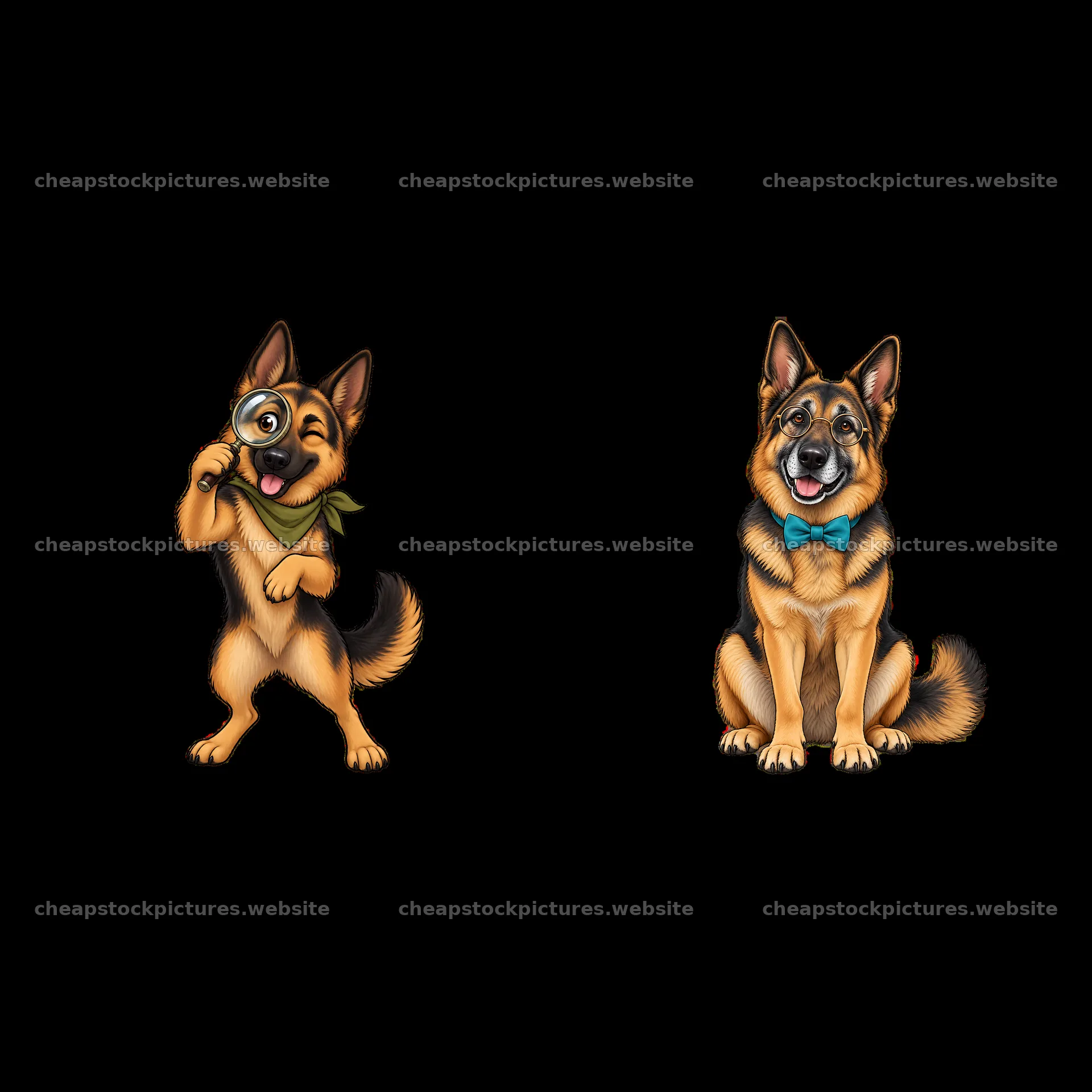 Two cartoon German Shepherd dogs with playful expressions – stock pictures 7746x7746