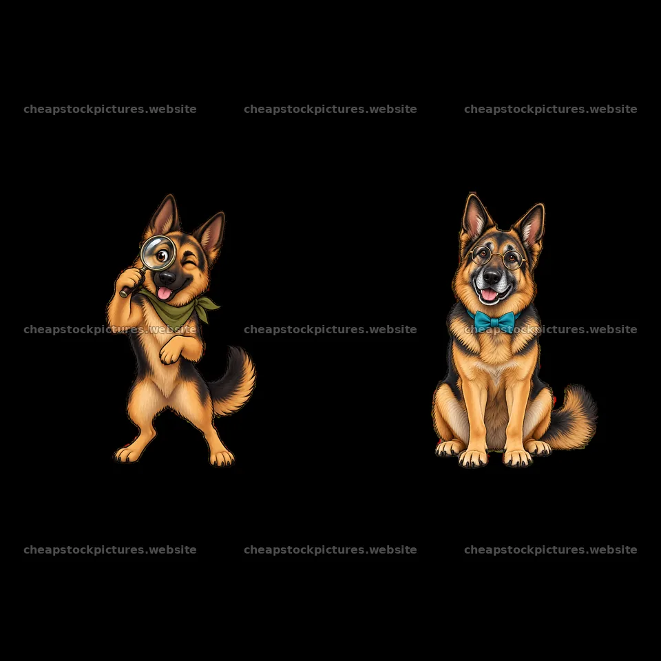 Two cartoon German Shepherd dogs with playful expressions – stock pictures 7746x7746