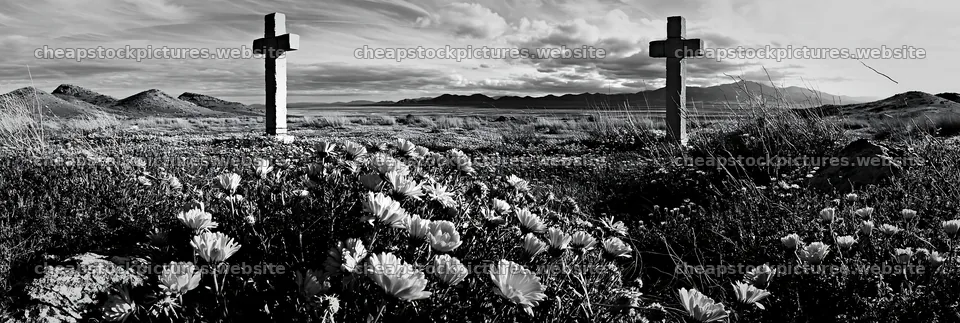 Two Christian crosses near thermal spring meadow – stock pictures 13690x4602