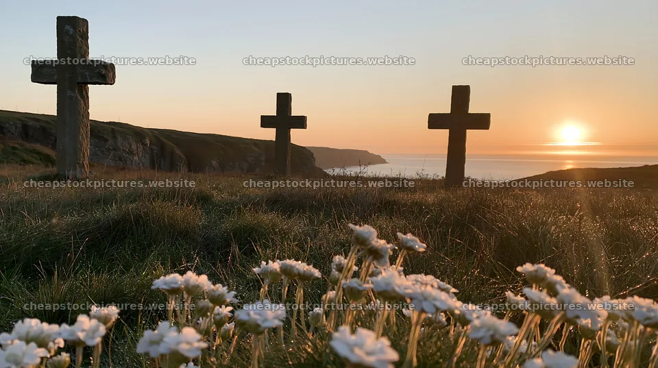Three Christian crosses in Christmas meadow at sunrise – stock pictures 10608x5938