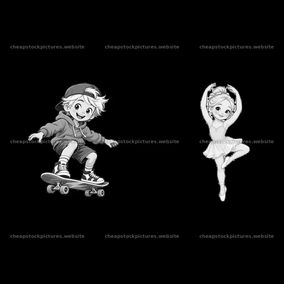 Blond child on skateboard and blond child in ballet pose – stock pictures 7746x7746