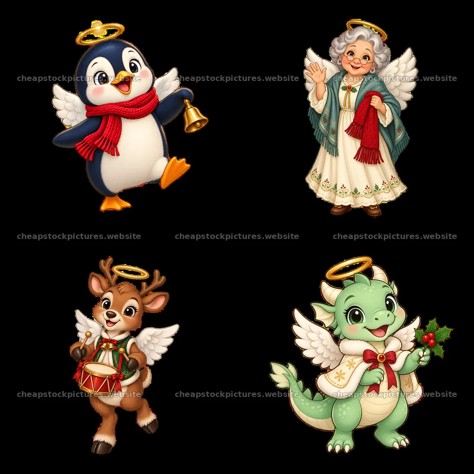 Christmas angel characters with penguin, reindeer, and dragon – stock pictures 7746x7746