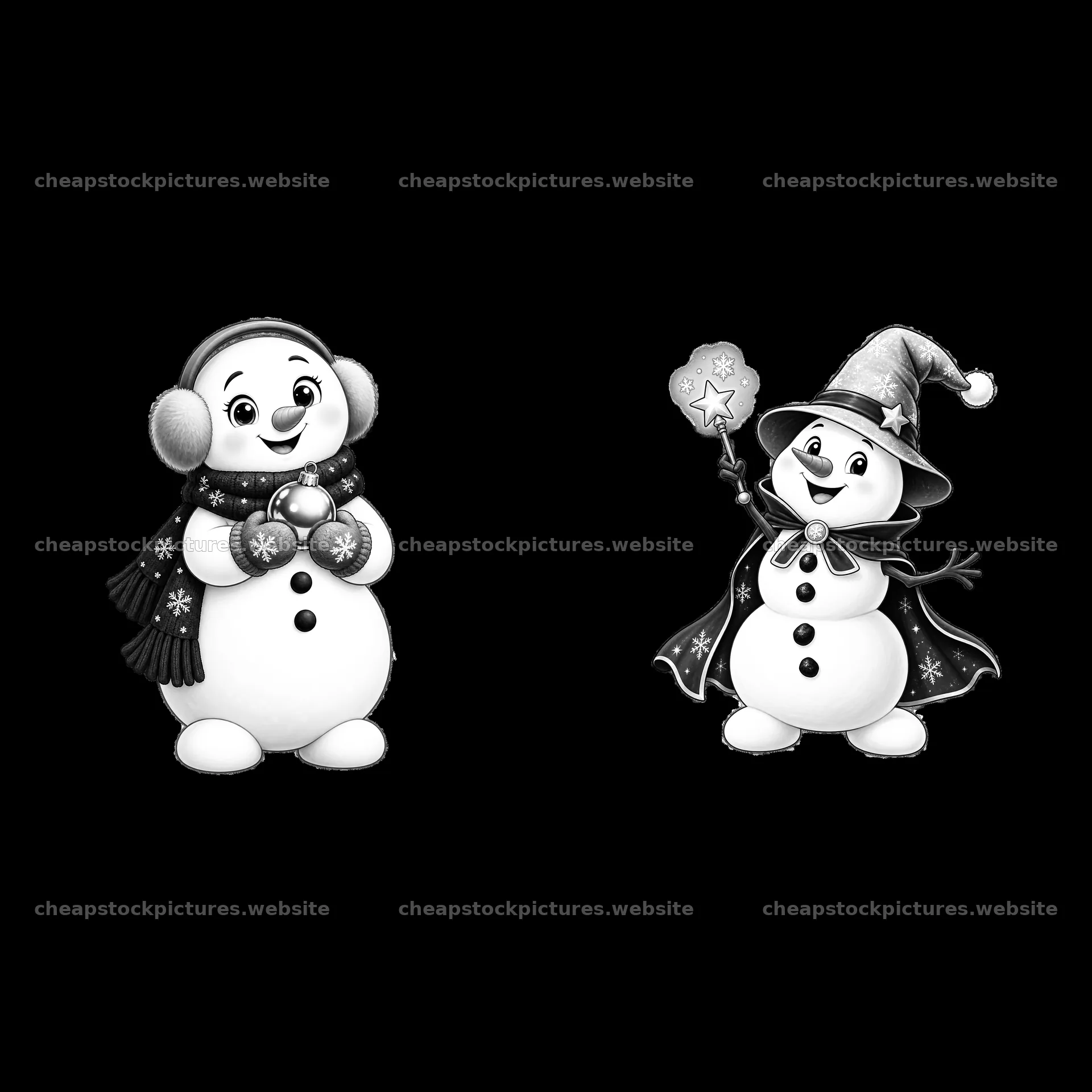 Snowman characters with accessories in Christmas celebration – stock pictures 7746x7746