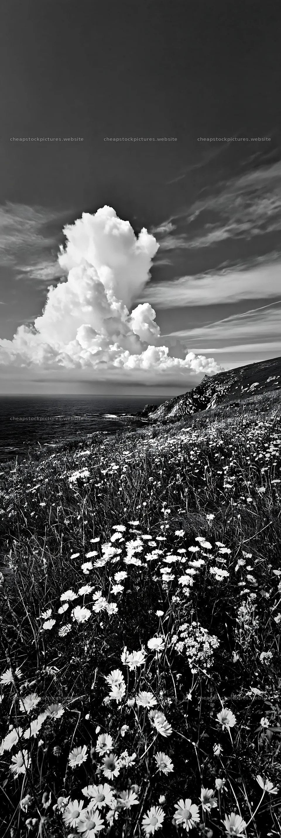 Clifftop meadow with wildflowers under a cloudy sky – stock pictures 4602x13690