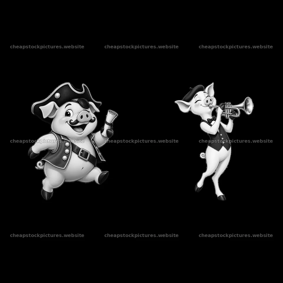 Pirate pig and trumpeting pig cartoon sticker pair – stock pictures 7746x7746