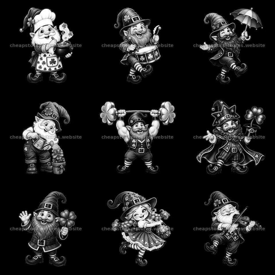 St. Patrick's Day gnomes with various activities in a 3x3 layout – stock pictures 7746x7746