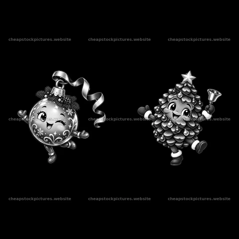 Cheerful Christmas ornament and happy tree characters dancing – stock pictures 7746x7746