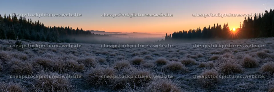 Frosty meadow at sunrise with trees and mist in distance – stock pictures 13690x4602