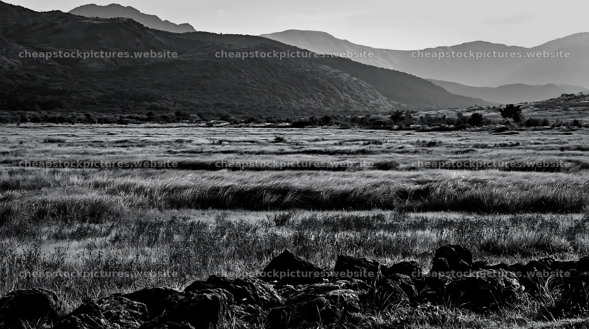 Kumamoto volcanic meadow dark rock foreground with distant hills – stock pictures 10608x5938