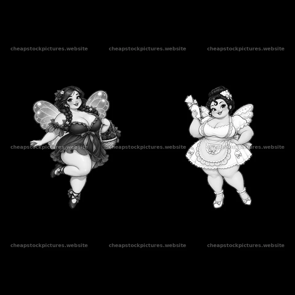 Kawaii ultra-fat fairies with accessories in playful poses – stock pictures 7746x7746