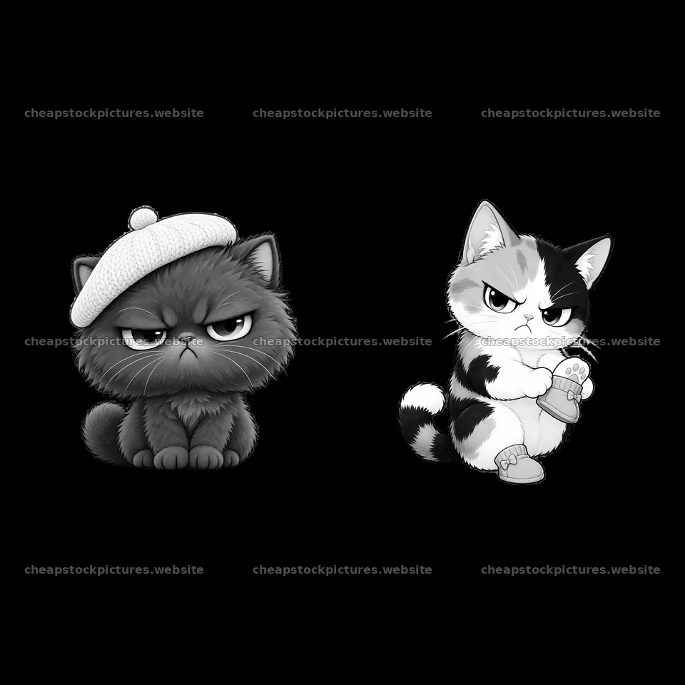 Grumpy kawaii cats with hats and socks in monochrome style – stock pictures 7746x7746