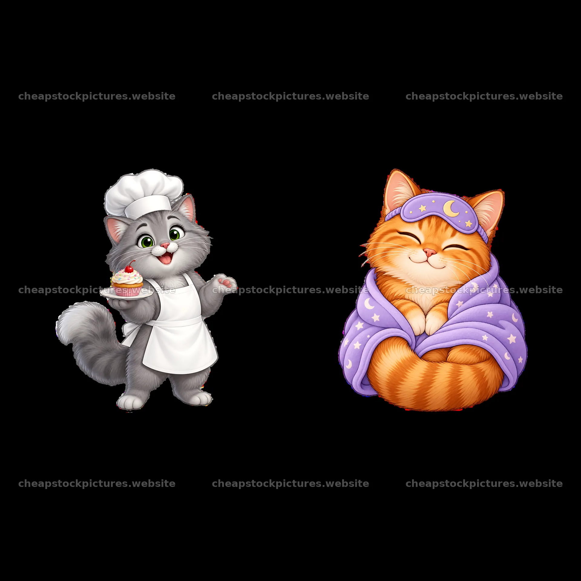 Cartoon cats in chef and cozy poses with cute accessories – stock pictures 7746x7746