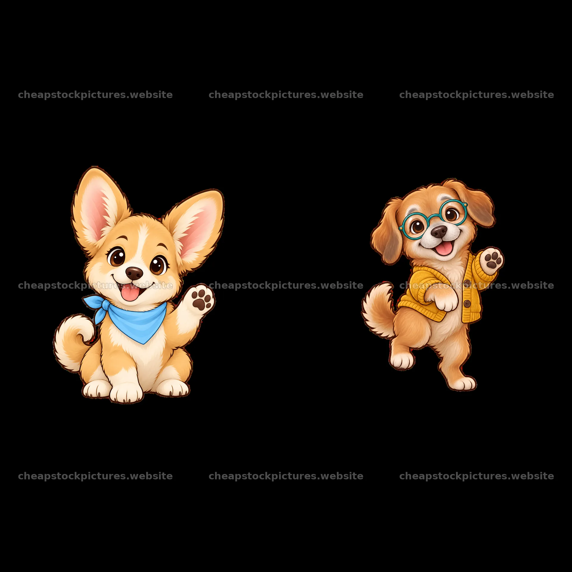 Cute dog cartoon sticker pair with friendly poses and accessories – stock pictures 7746x7746