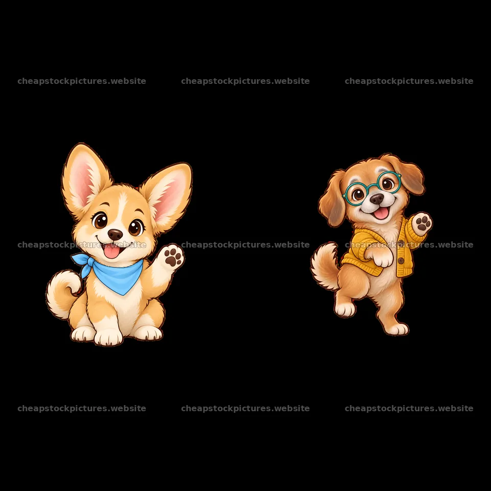 Cute dog cartoon sticker pair with friendly poses and accessories – stock pictures 7746x7746