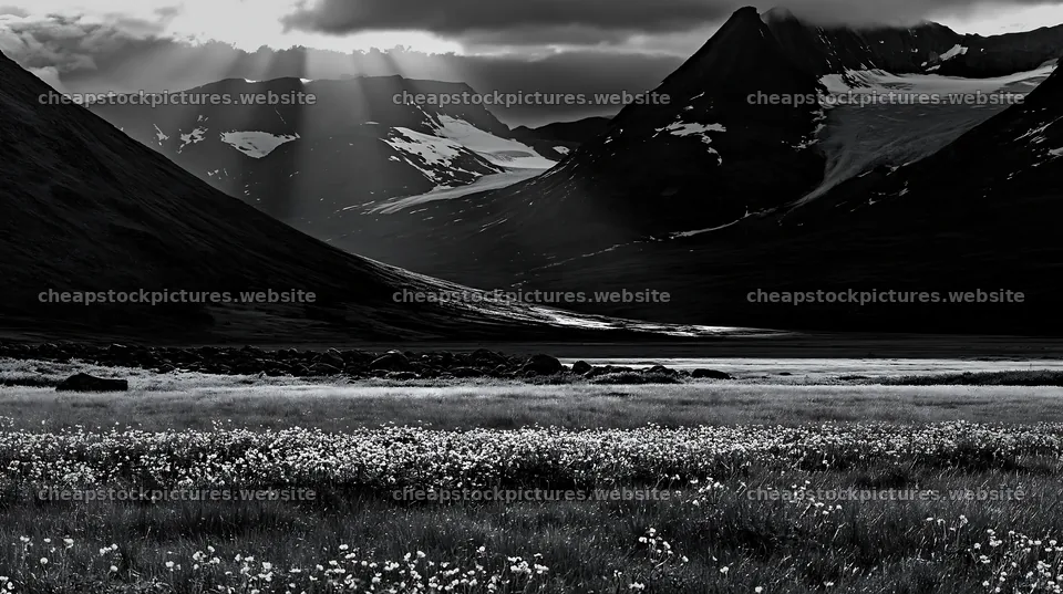 Sunbeams over Jotunheimen valley meadow – stock pictures 10608x5938