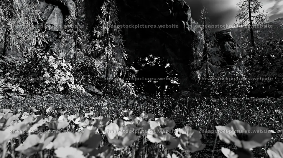 Christmas wreaths in meadow by cave – stock pictures 10608x5938