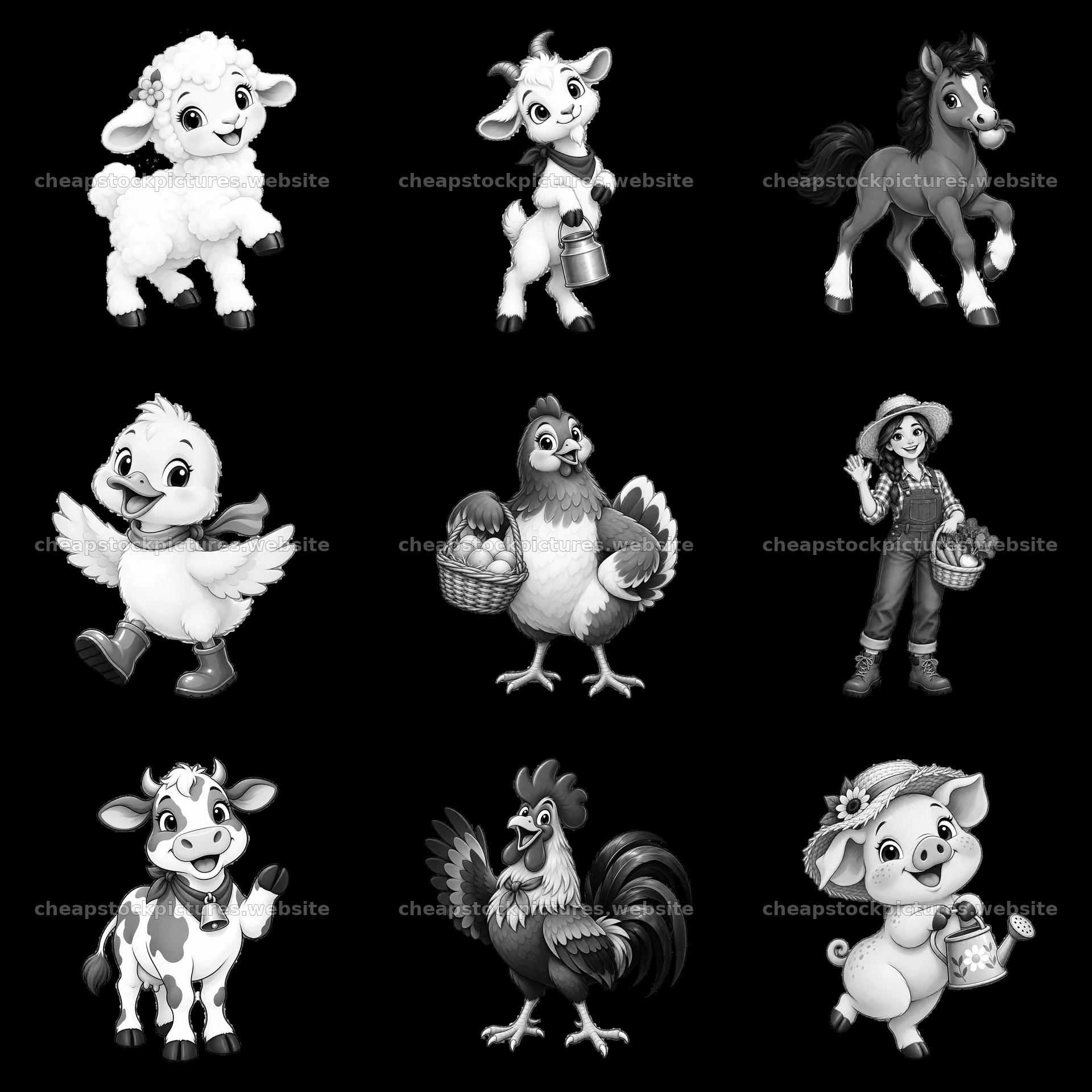 Farm animals and farmer characters in black-and-white stickers – stock pictures 7746x7746