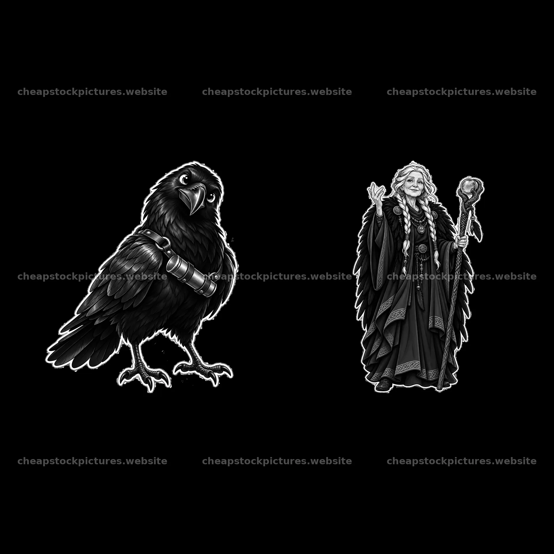Odin with his raven and mystical staff in black and white – stock pictures 7746x7746
