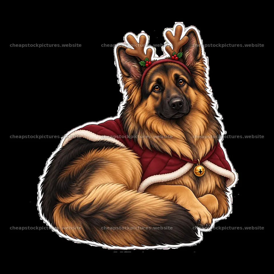 Christmas German Shepherd with reindeer antlers and festive cape – stock pictures 7746x7746