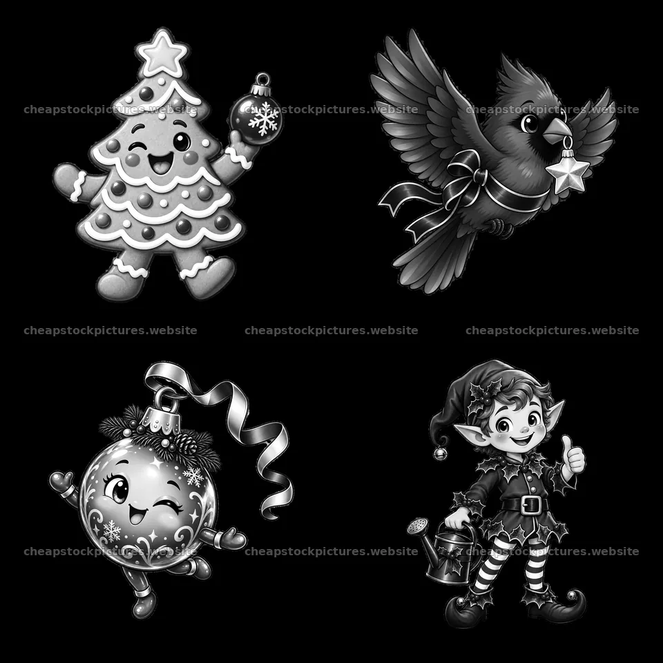 Christmas tree, ornament, cardinal, and elf cartoon stickers – stock pictures 7746x7746
