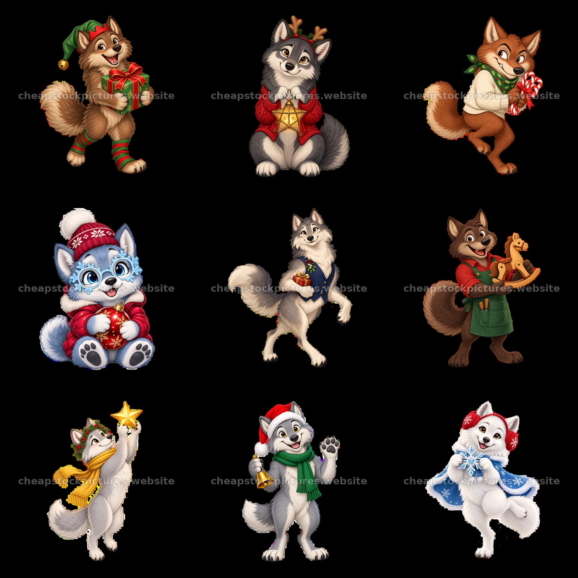 Cute cartoon wolves celebrating Christmas in a 3x3 arrangement – stock pictures 7746x7746